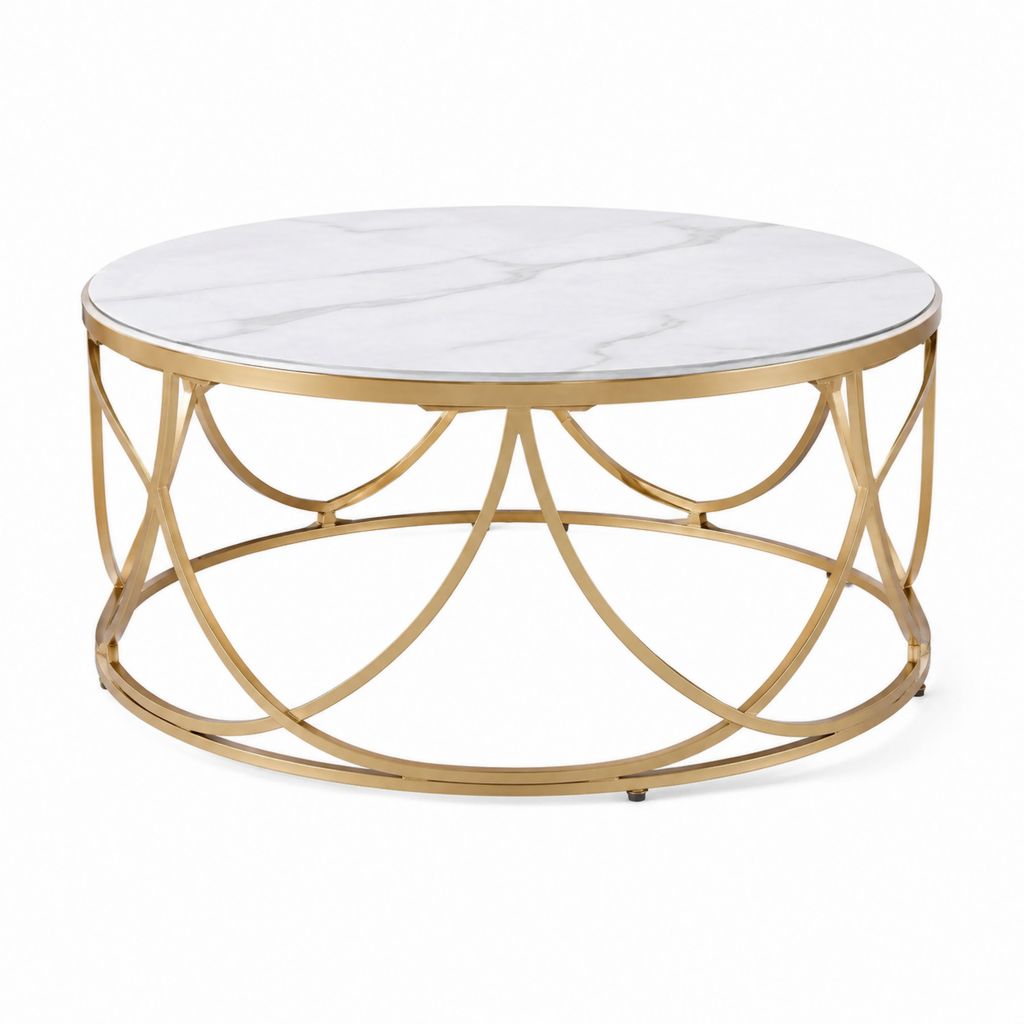 Tavolino da caffè rotondo bianco effetto marmo e acciaio dorato Ø80 x 45 cm