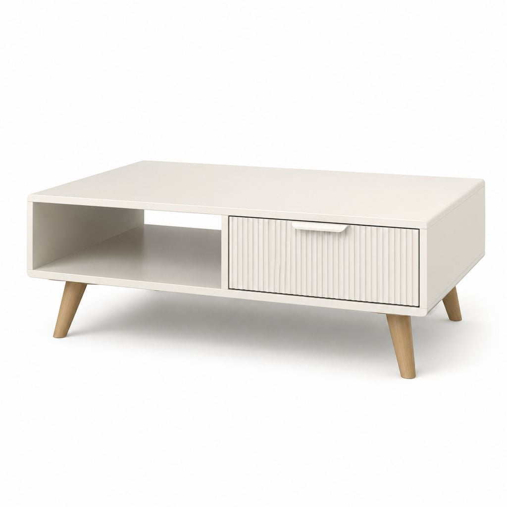 Tavolino da caffè rettangolare bianco in MDF con vano aperto e cassetto 100 x 50 x 45 cm