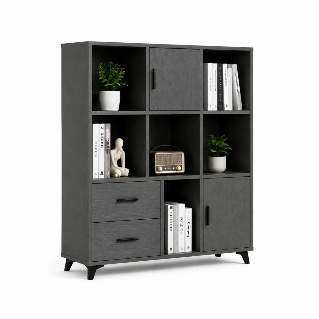 Libreria soggiorno con ante e cassetti nera in pannello truciolare melaminico rettangolare 120 x 35 x 180 cm
