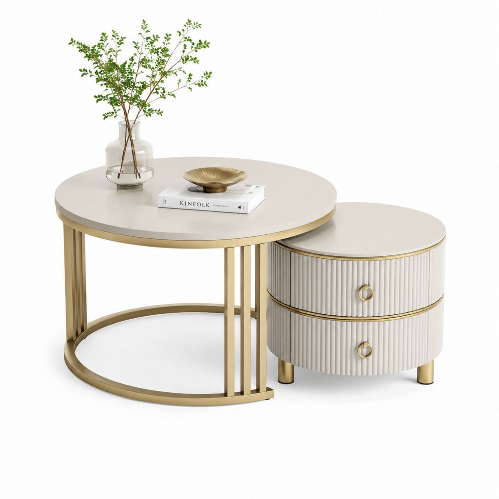 Set di 2 tavolini da caffè rotondi crema e oro in MDF e acciaio 80 x 80 x 45 cm e 60 x 60 x 40 cm