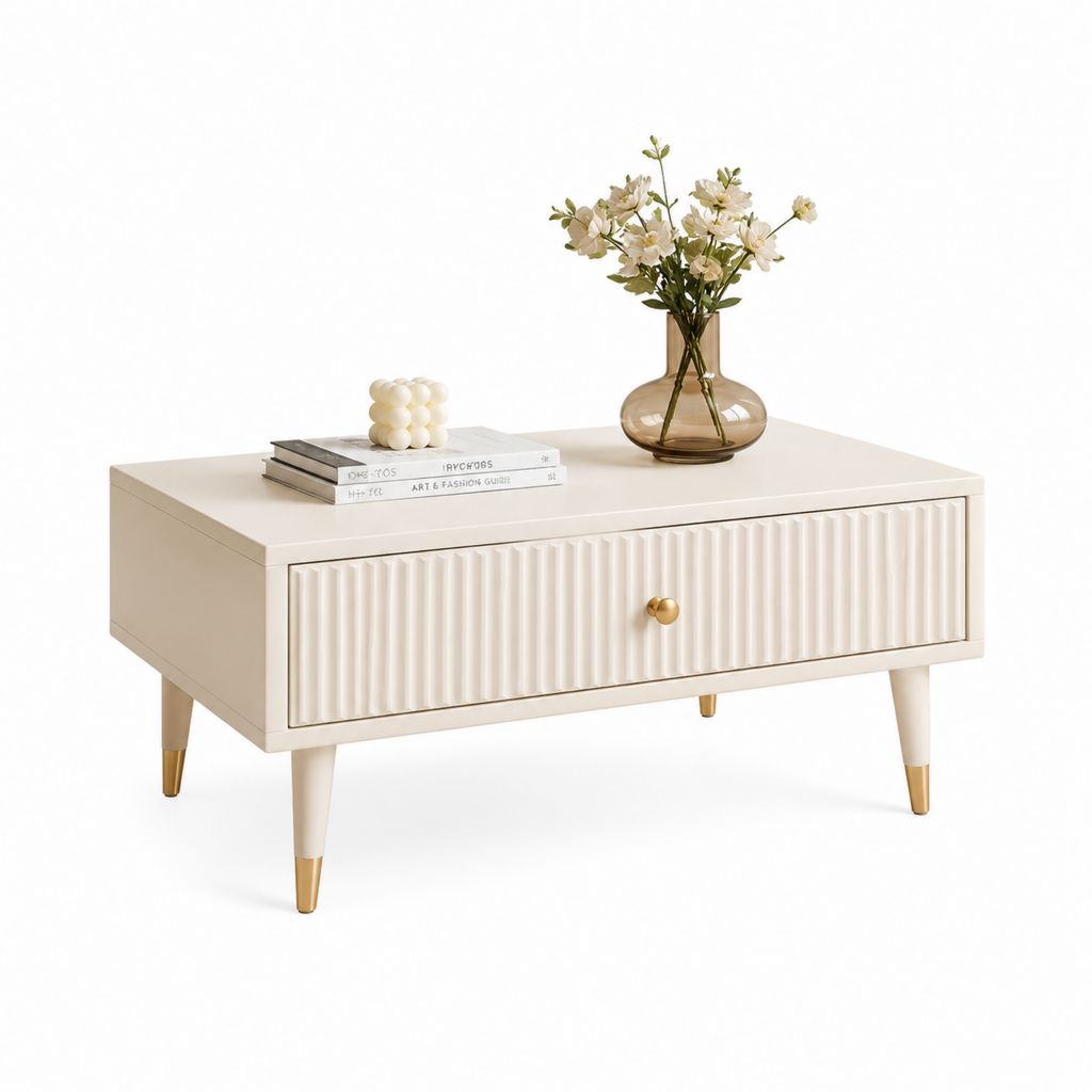 Tavolino da caffè con cassetto avorio in MDF rettangolare 100 x 55 x 45 cm