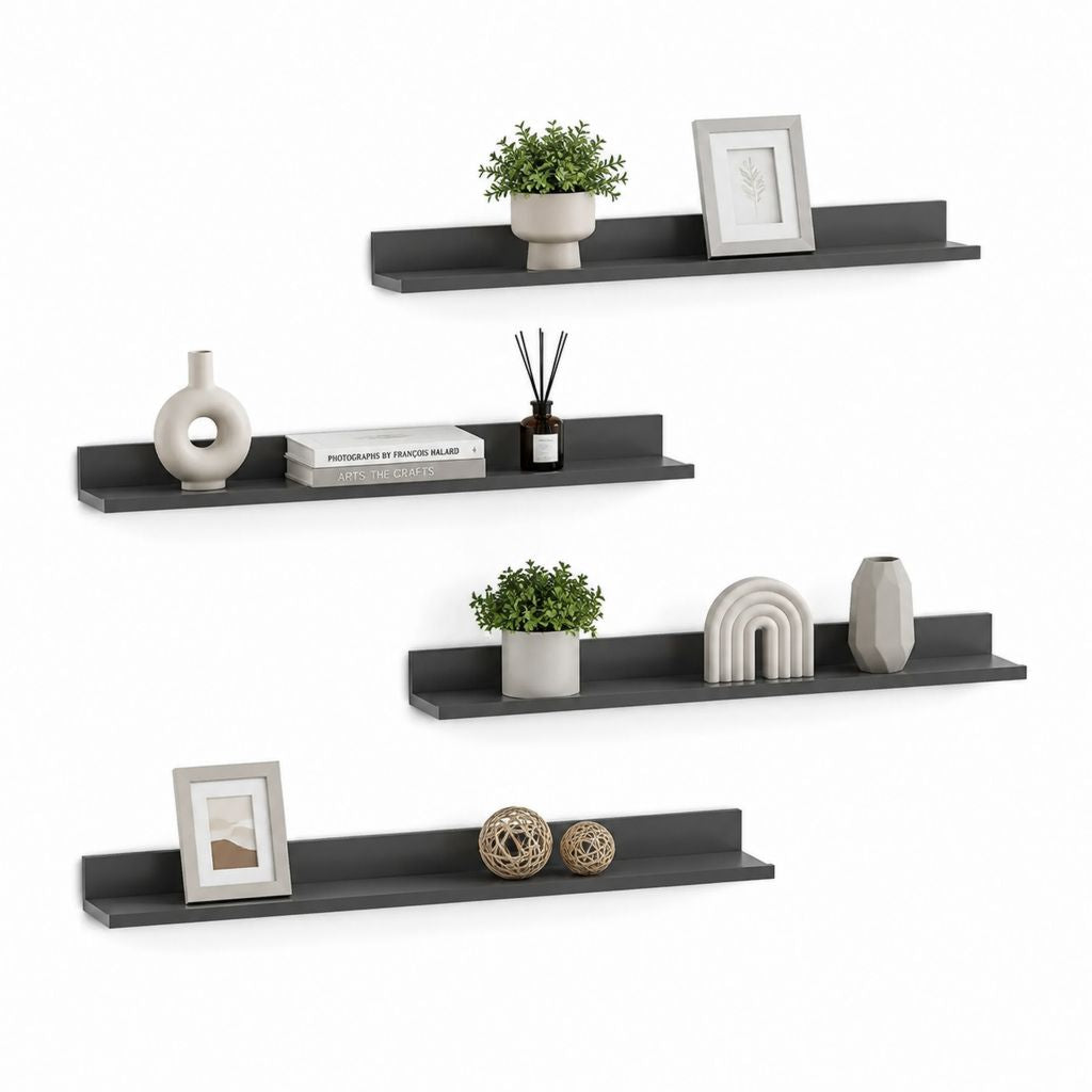 Set di 4 mensole da parete nere in MDF rettangolari 60 x 10 x 10 cm