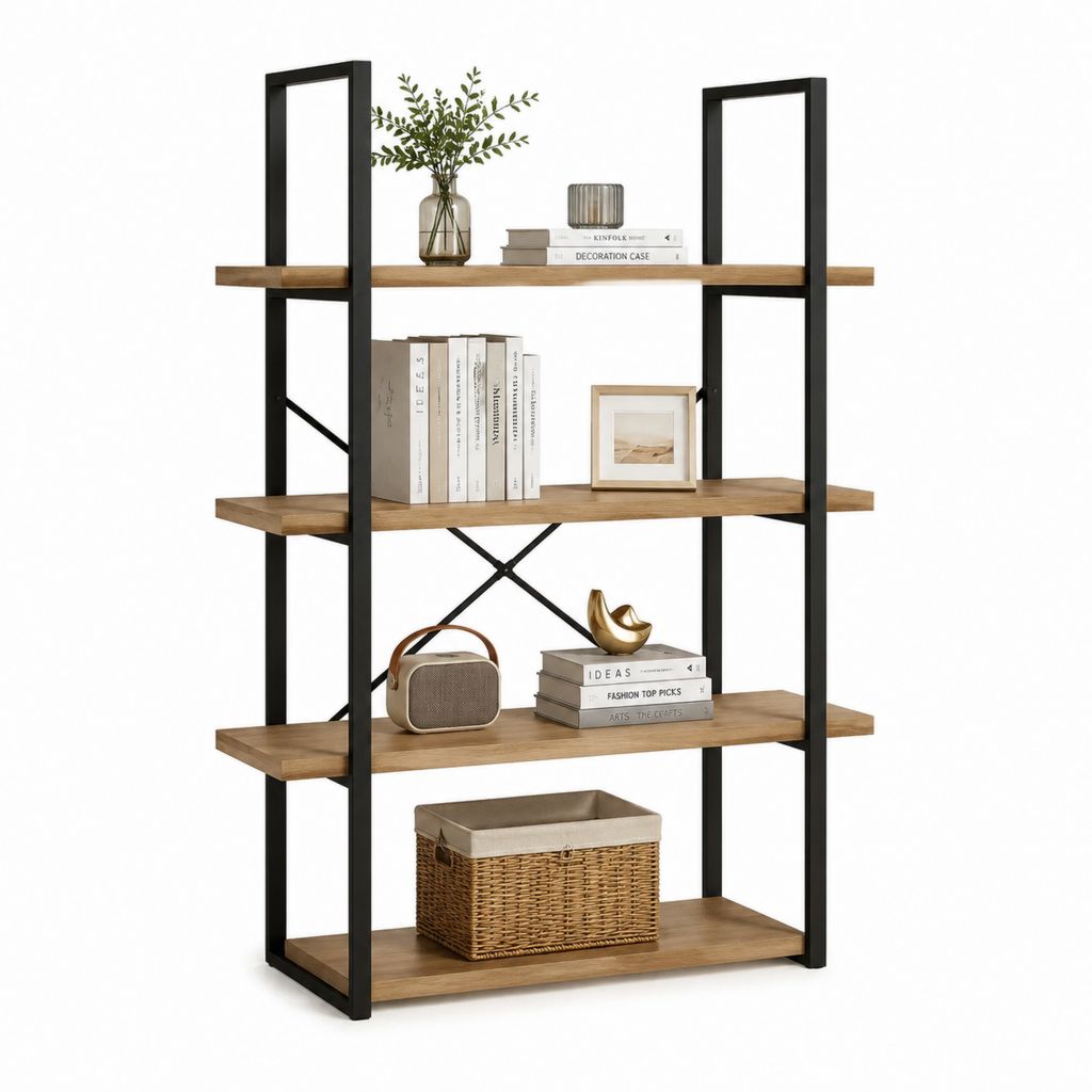 Libreria a 4 ripiani marrone e nero in pannelli MDF impiallacciati e acciaio 80 x 30 x 160 cm