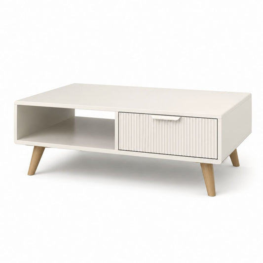 Tavolino da caffè rettangolare bianco in MDF con vano aperto e cassetto 100 x 50 x 45 cm