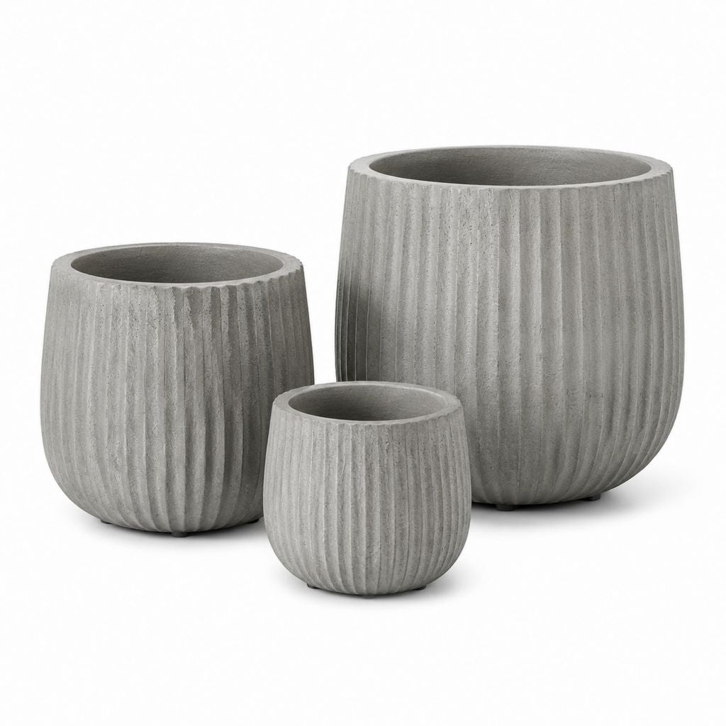 Set 3 vasi da fiori grigio cemento fibrorinforzato scanalati Ø 25 36 45 cm