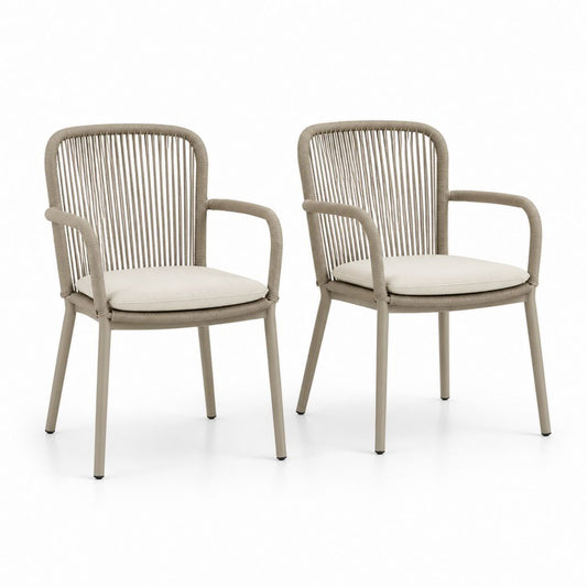 Set 2 sedie da giardino con braccioli beige in alluminio e corda PP 58 × 62 × 82 cm