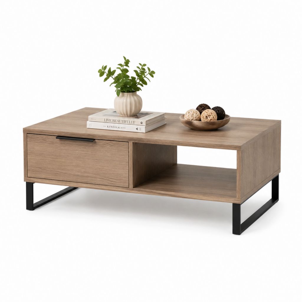 Tavolino da caffè rettangolare rovere e nero con cassetto e vano aperto in MDF e acciaio 100 x 50 x 45 cm