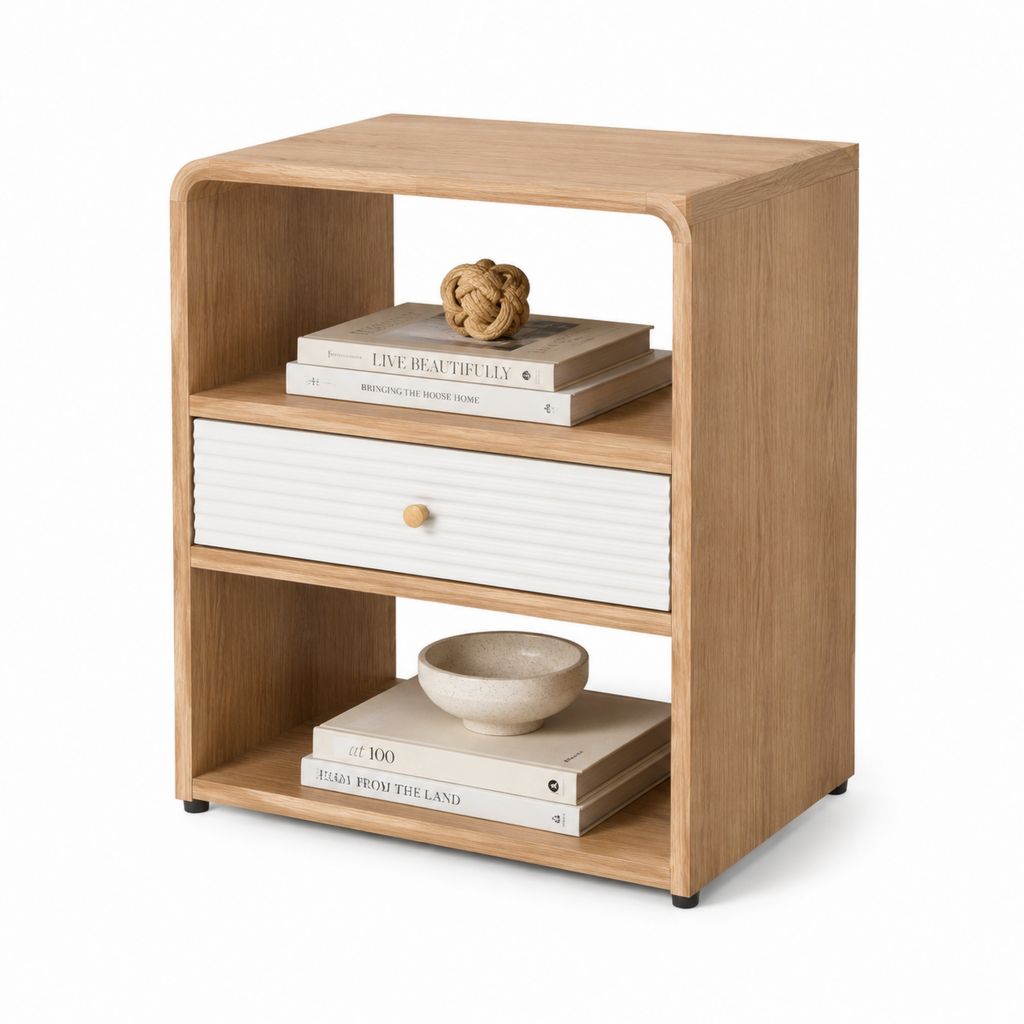 Tavolino laterale con cassetto rovere e bianco in MDF impiallacciato 45 x 35 x 60 cm