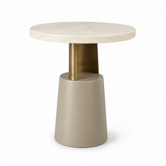 Tavolino laterale rotondo beige e ottone con piano effetto marmo Ø50 x H60 cm