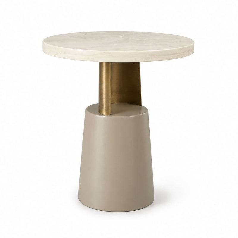 Tavolino laterale rotondo beige e ottone con piano effetto marmo Ø50 x H60 cm