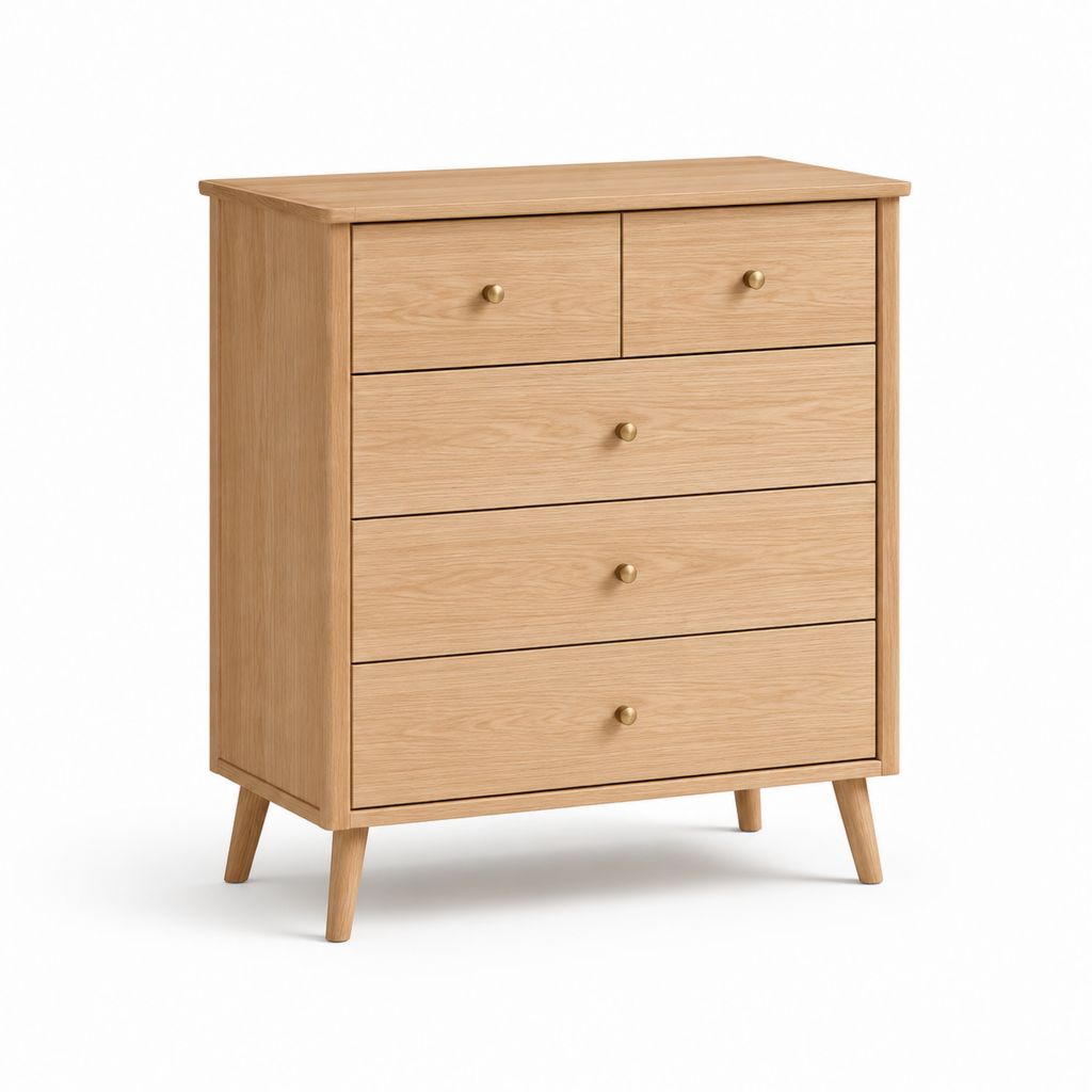 Cassettiera bassa 5 cassetti rovere naturale in MDF impiallacciato 80 x 40 x 100 cm