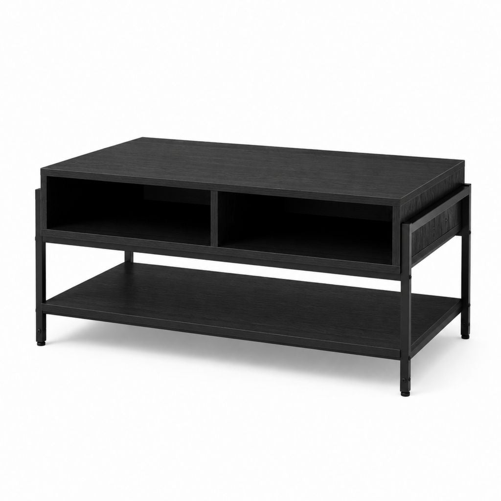 Tavolino da caffè nero in MDF e acciaio rettangolare 100 x 60 x 45 cm con ripiani
