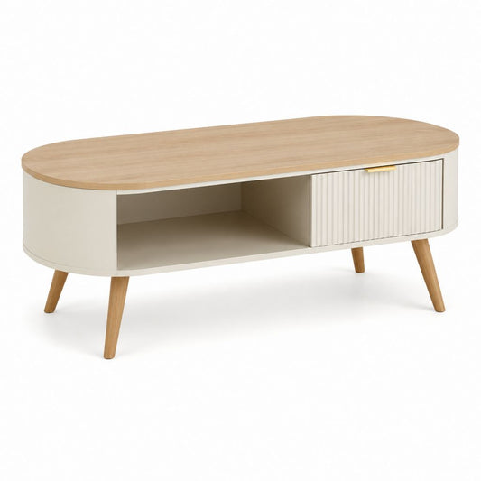 Tavolino da caffè ovale con vano a giorno e anta scorrevole bianco e rovere in MDF 110 x 50 x 50 cm