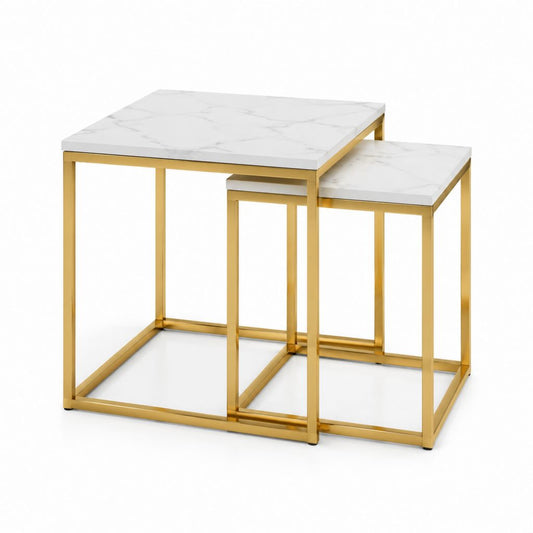 Set di 2 Tavolini da Caffè Quadrati Bianchi Effetto Marmo con Struttura in Acciaio Dorato 60 x 60 x 50 cm e 50 x 50 x 45 cm