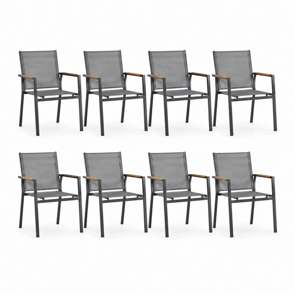 Set 8 sedie da giardino nere in alluminio e textilene con braccioli in legno 55 x 65 x 90 cm