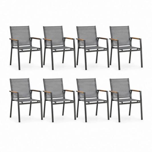 Set 8 sedie da giardino nere in alluminio e textilene con braccioli in legno 55 x 65 x 90 cm