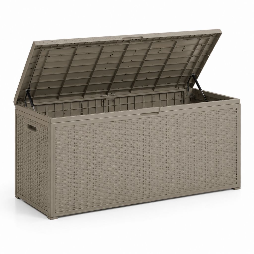 Baule da giardino in polipropilene tortora con coperchio a pistoni 155 x 72 x 65 cm 630 L
