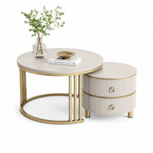 Set di 2 tavolini da caffè rotondi crema e oro in MDF e acciaio 80 x 80 x 45 cm e 60 x 60 x 40 cm